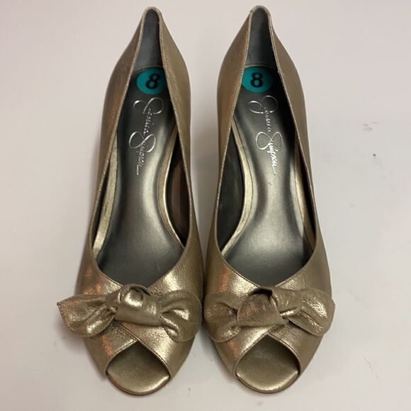 Jessica Simpson Gold Metallic peep Toe Heels Shoes A10 - Picture 1 of 11